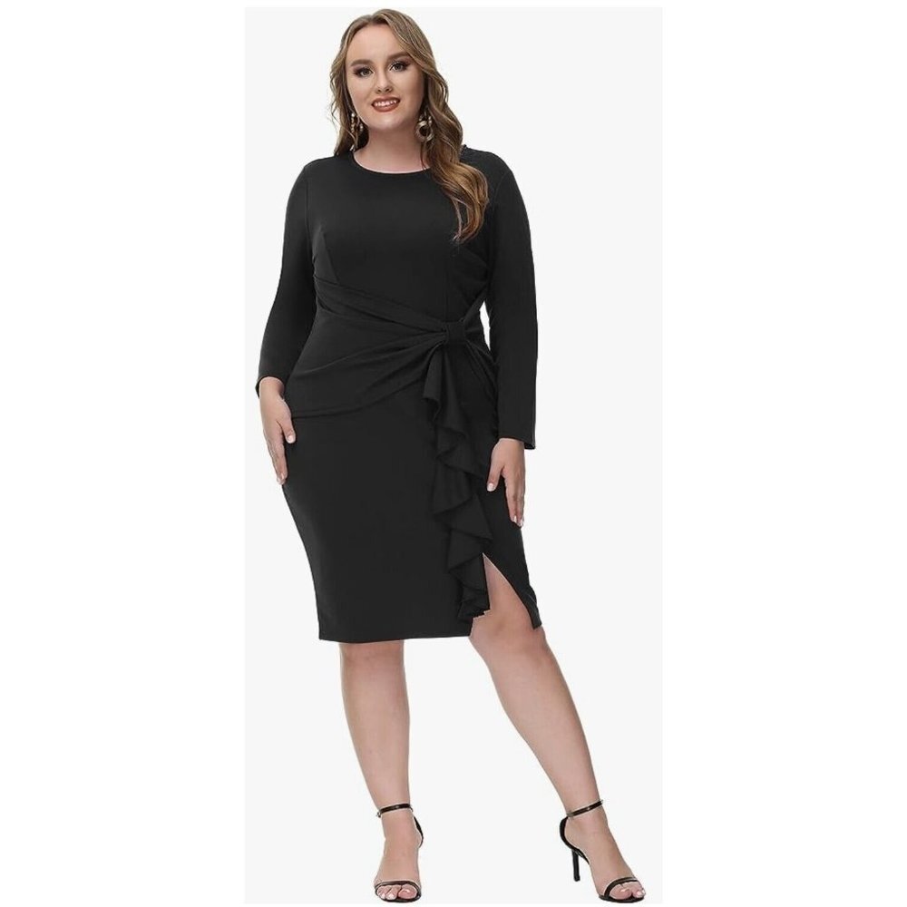 Hanna Nikole Black Long Sleeve Bodycon Ruffle Knee Length Dress 20W‎ NWT